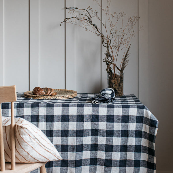 Garment Washed 100% Linen Tablecloth Midnight Gingham