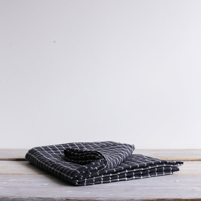 Garment Washed 100% Linen Tablecloth Midnight Grid