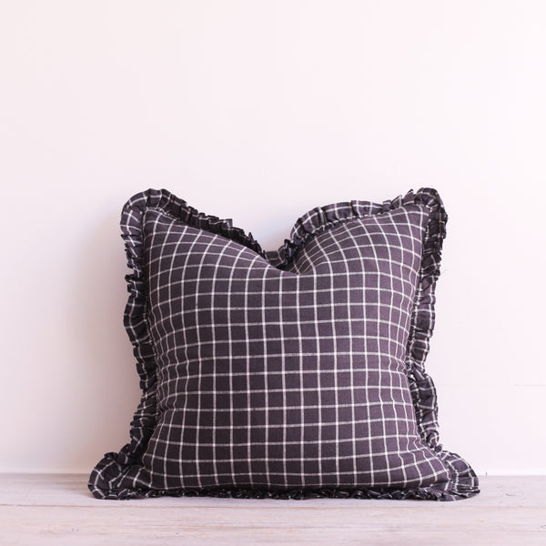 Oli Ruffle Cushion Midnight Grid 100% Linen