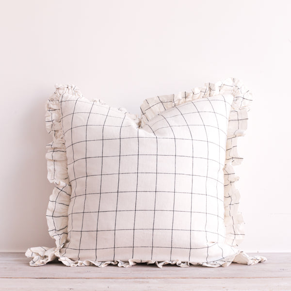 Olivia Ruffle Pillow 100% Linen Black Grid