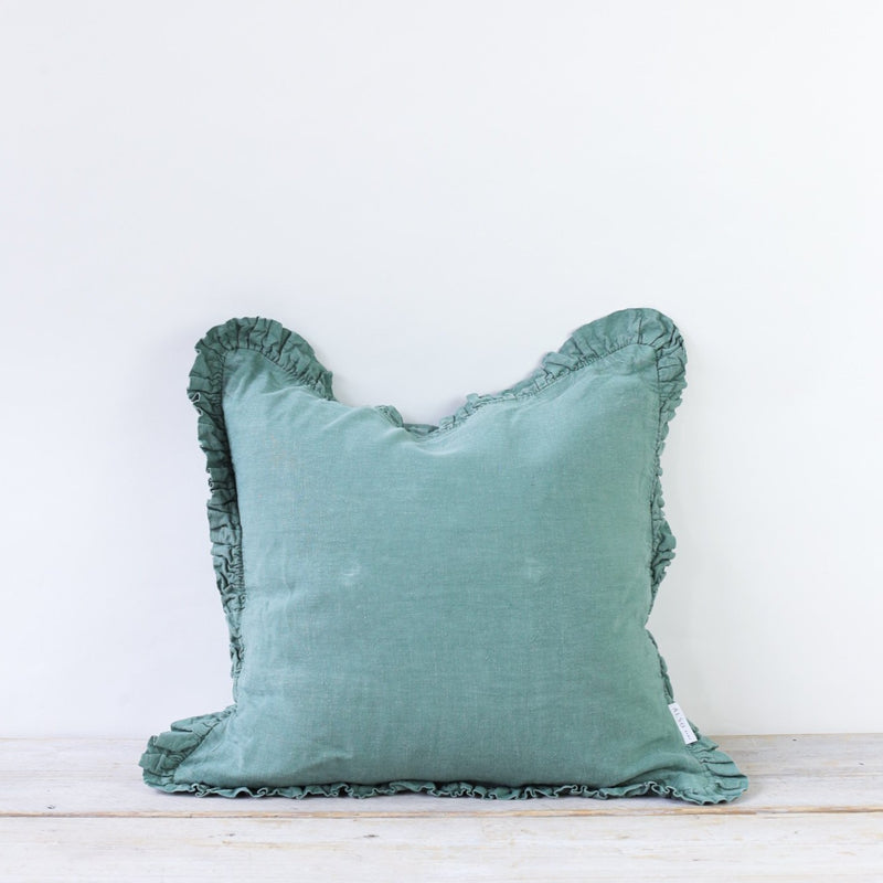 Oli Ruffle Cushion 100% Linen Sea Green