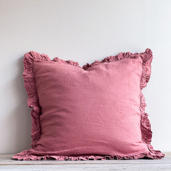 Olivia Ruffle Pillow 100% Linen Pomegranate