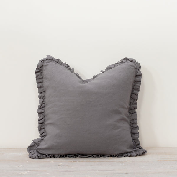 Oli Ruffle 100% Linen Cushion Pewter Grey