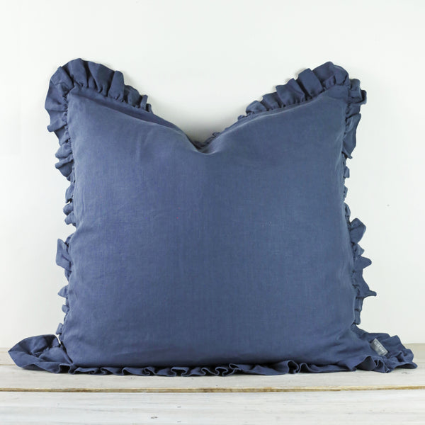Olivia Ruffle 100% Linen Pillow Aegean Blue