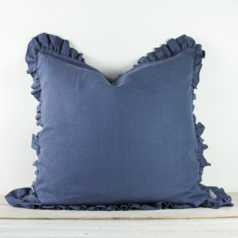 Olivia Ruffle Pillow 100% Linen Aegean Blue