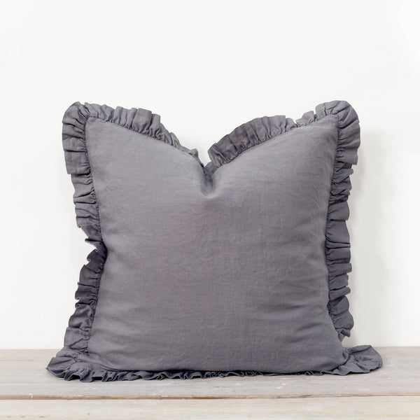 Olivia Ruffle 100% Linen Pillow Pewter